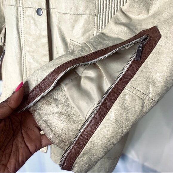 DANIER LEATHER CREAM BROWN HOODED WOMAN JACKET ELASTIC WAISTBAND SIZE ME… - Picture 8 of 15
